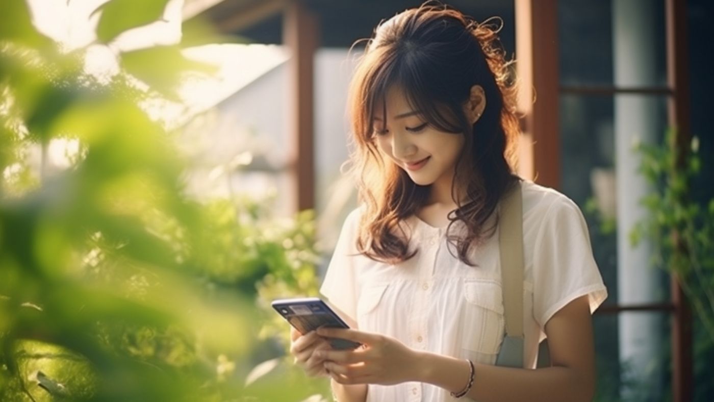 緑の中でスマートフォンを見る女性