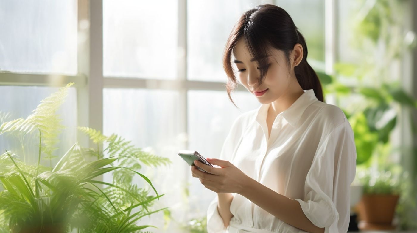 窓辺でスマートフォンを見る女性